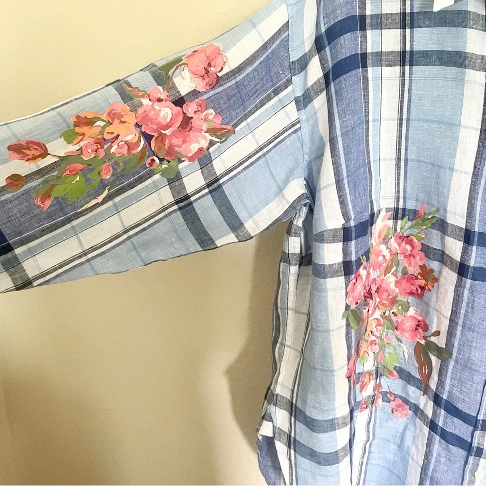 Ralph Lauren Floral and Blue Plaid Linen Women's Top - Picture 3 of 8